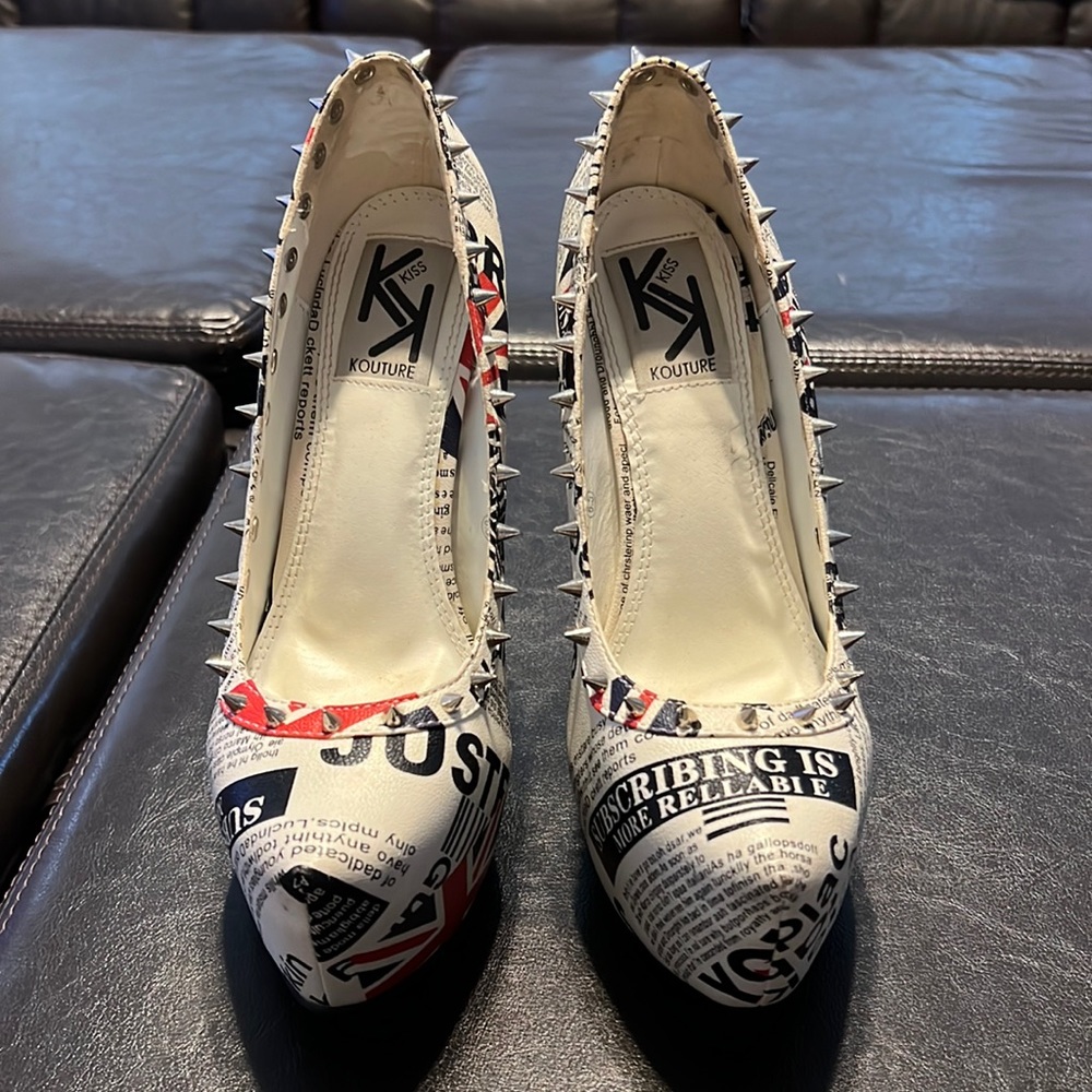 London News Print Spiked Heels